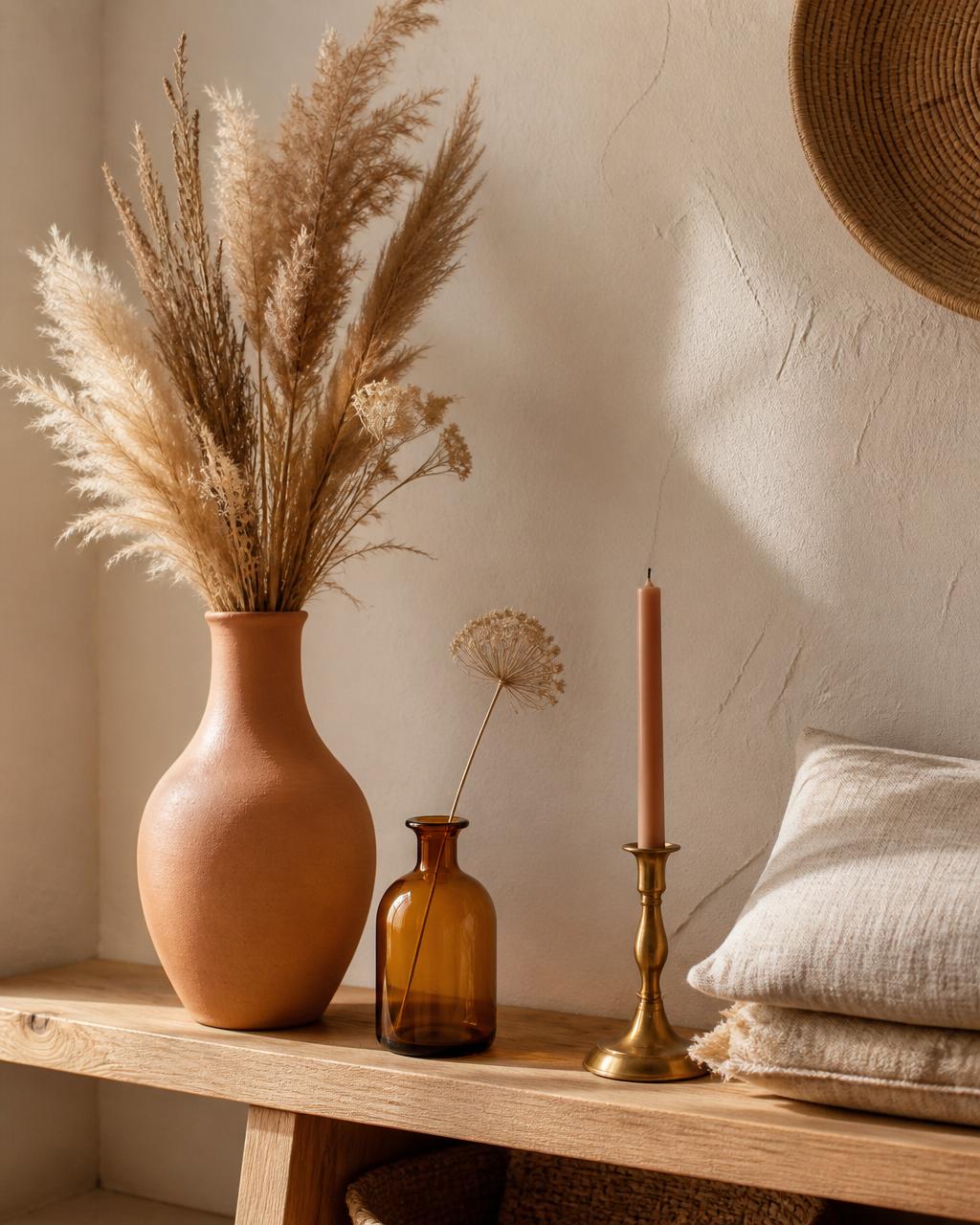 Styled terracotta vase, amber glass bud vase and brass candle holder on a natural wood shelf